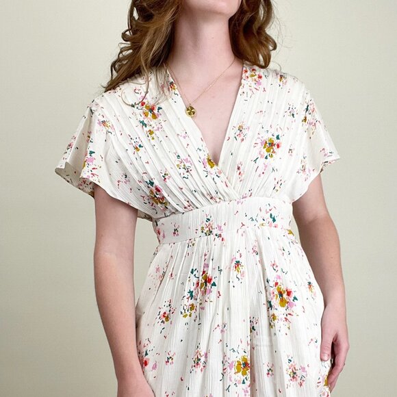 Vintage Floral Midi Sundress with Dolman Sleeves, Pleated, Slit Pockets - Picture 2 of 5